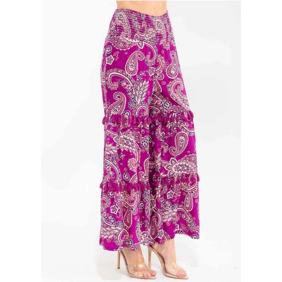 WOMEN'S SMOCK WAIST PAISLEY PRINT TIERED WIDE LEG PALAZZO PANTS - Picture 5 of 5